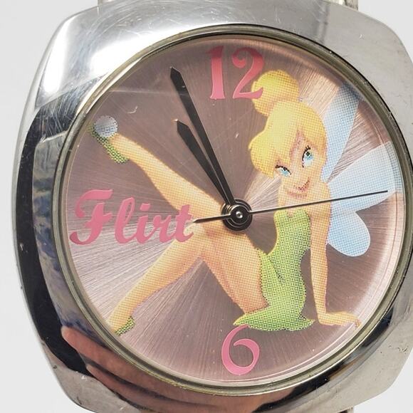 Disney Tinker Bell Silver Watch Green Band Women's Accessory - Picture 2 of 11